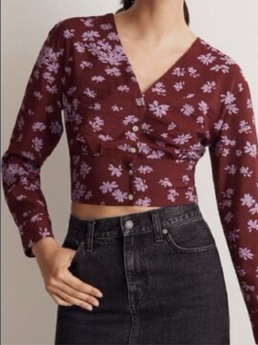 Madewell Burgundy Floral Cropped Wrap Blouse